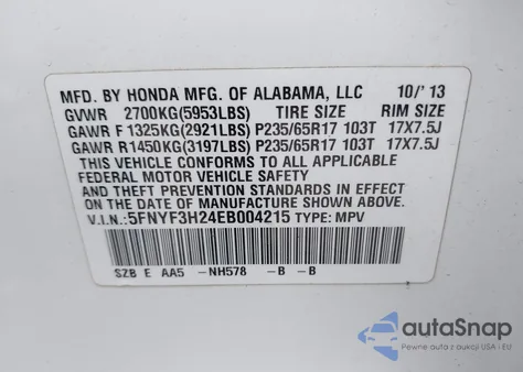 2014 Honda Pilot Lx from USA, damaged, VIN 5FNYF3H24EB004215